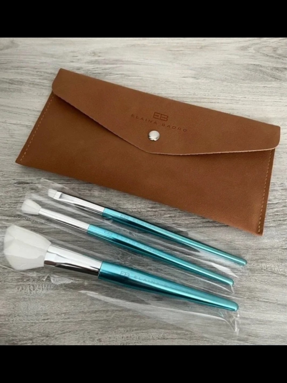 Elaina Boro Teal Makeup Brush Set with Brown Vegan Leather Case